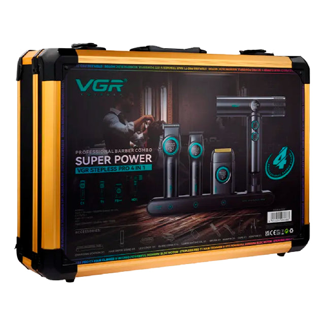 Combo VGR Stepless Pro 4 en 1 Clipper Trimmer Shaver y Secadora Negro Emp 4