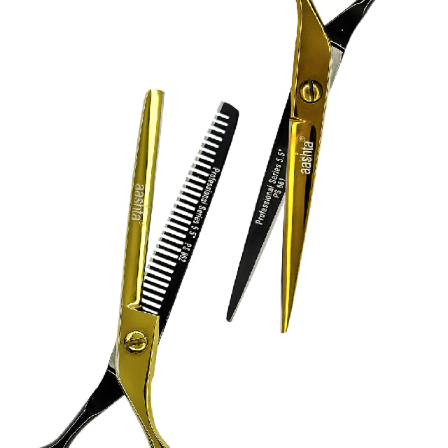Combo Tijeras Aashta 5.5" Dorado Negro Picbsk-90
