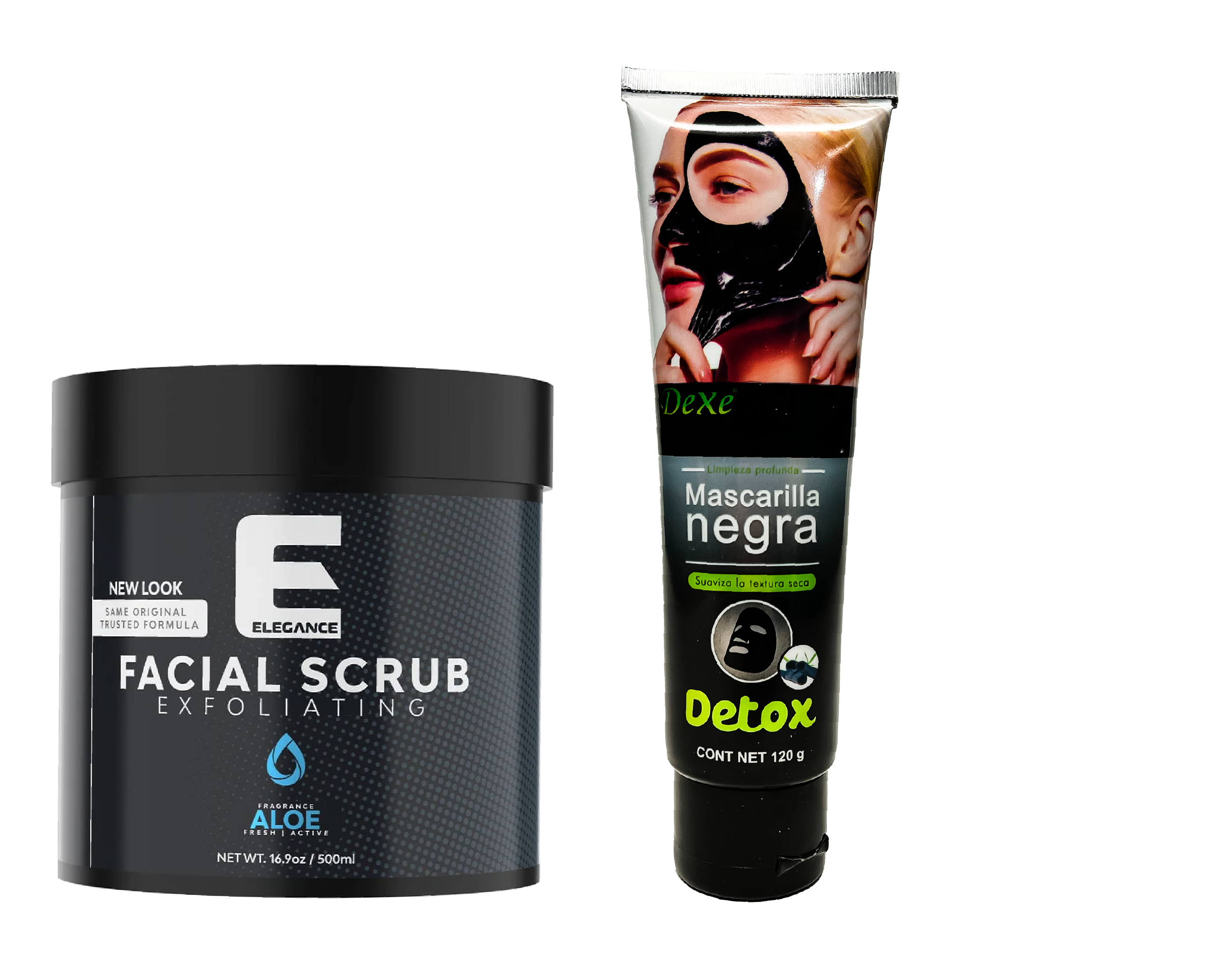 Exfoliante Facial Elegance Aloe Vera 500ml + Mascarilla Negra Dexe Tubo 120g
