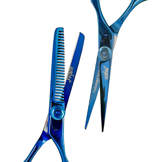 Combo Tijeras Aashta 5.5" Titanio Azul PICBSK-64