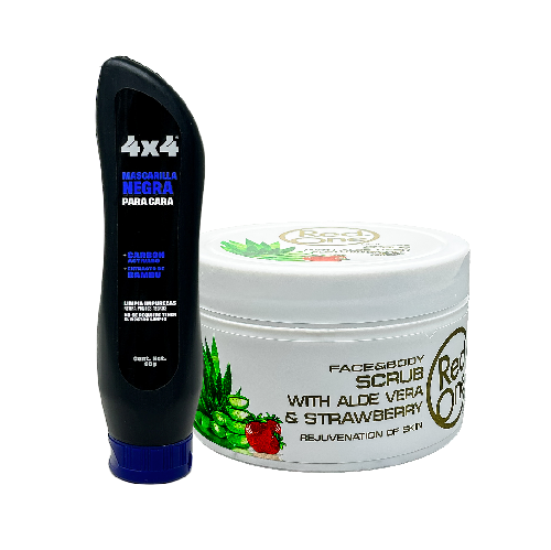 Exfoliante Red One Facial Scrub Aloe Vera & Strawberry + Mascarilla Negra 4x4