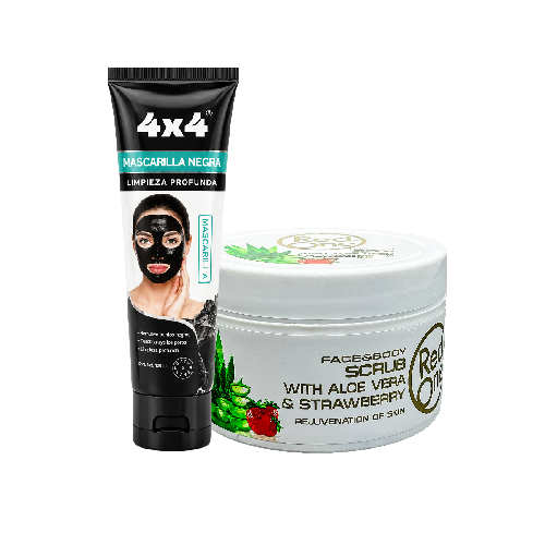Exfoliante Red One Facial Scrub Aloe Vera & Strawberry + Mascarilla Negra 4x4