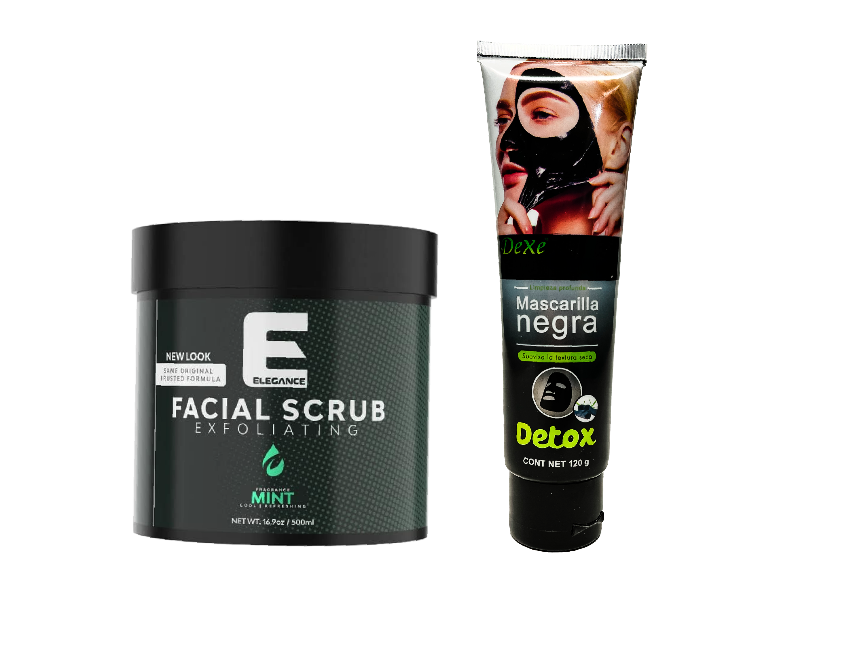 Exfoliante Elegance Facial Scrub Mint 500ml + Mascarilla Negra Dexe Tubo 120g